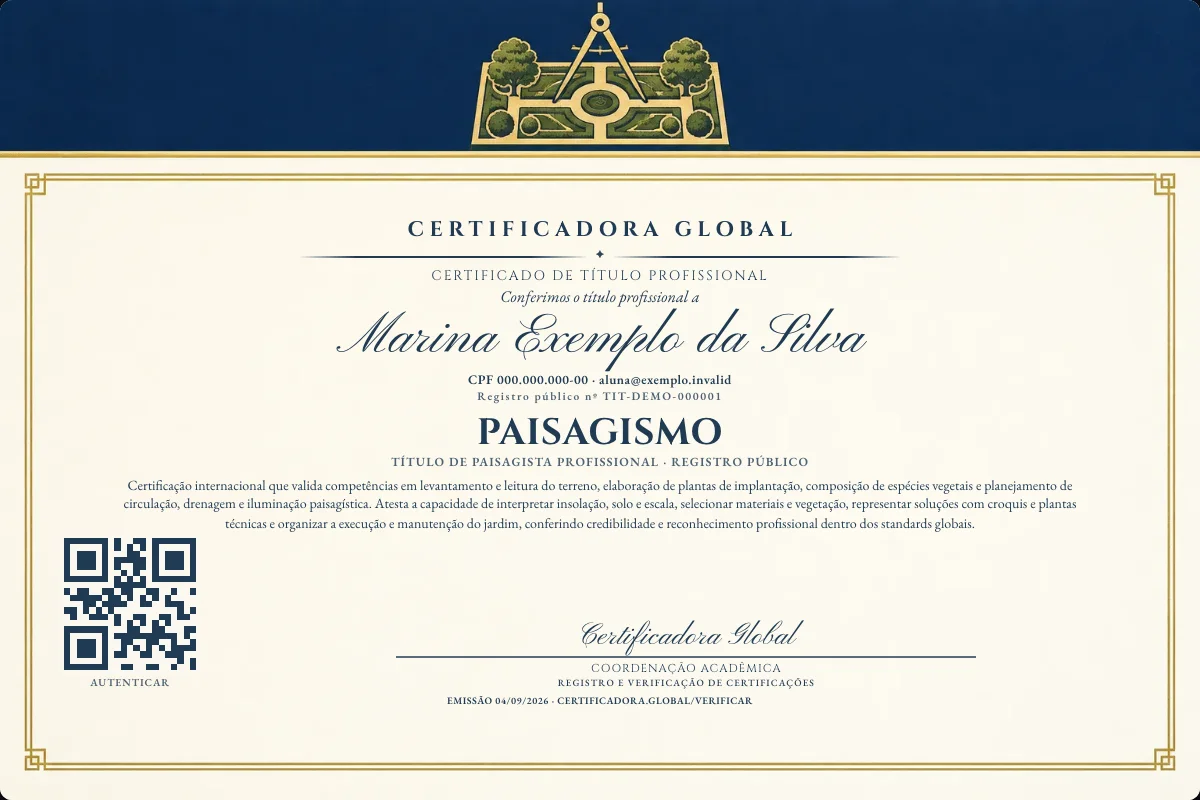 Certificado de Título profissional de Paisagismo — modelo real com registro público. Documento de exemplo.