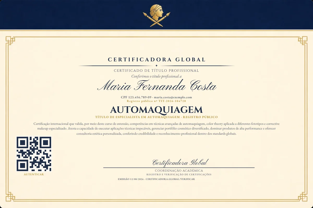 Certificado de Título profissional de Automaquiagem — modelo real com registro público. Documento de exemplo.