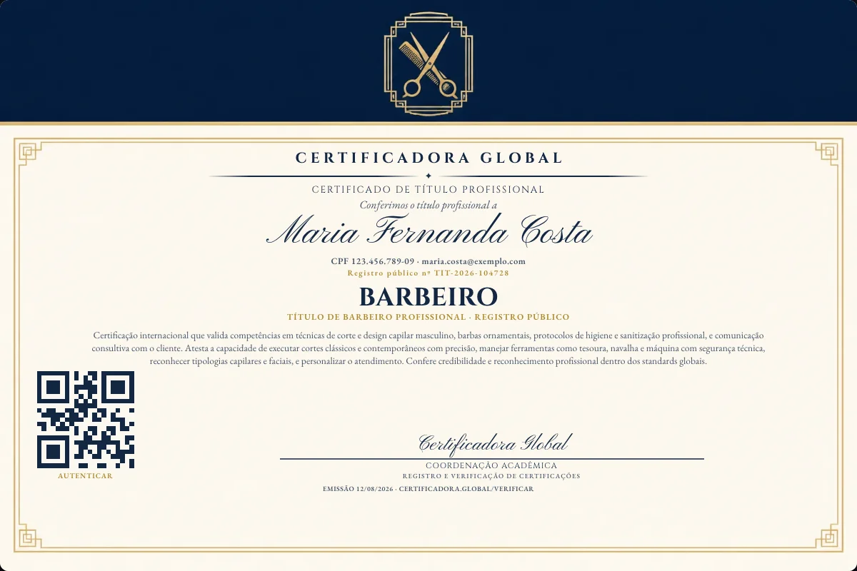 Certificado de Título profissional de Barbeiro — modelo real com registro público. Documento de exemplo.