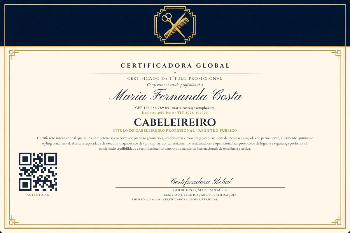 Certificado de Título profissional de Cabeleireiro — modelo real com registro público. Documento de exemplo.