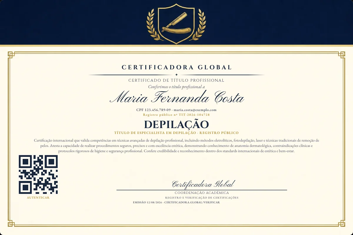 Certificado de Título profissional de Depilação — modelo real com registro público. Documento de exemplo.