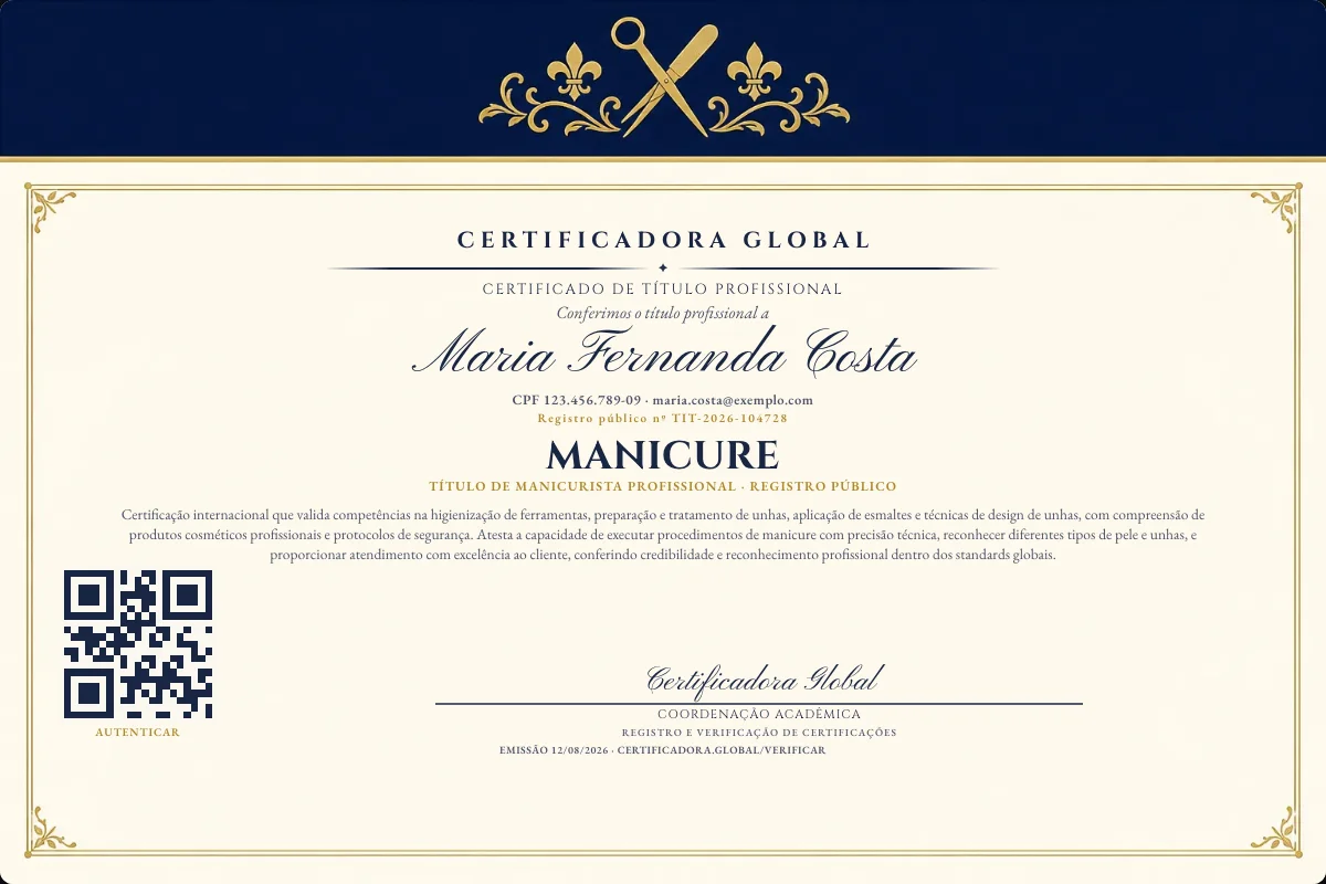 Certificado de Título profissional de Manicure — modelo real com registro público. Documento de exemplo.