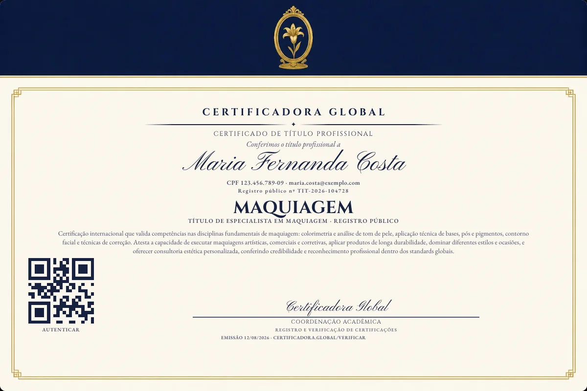 Certificado de Título profissional de Maquiagem — modelo real com registro público. Documento de exemplo.