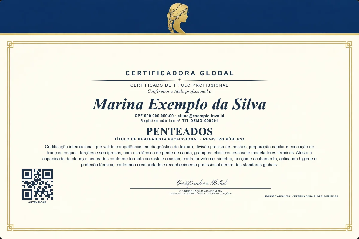 Certificado de Título profissional de Penteados — modelo real com registro público. Documento de exemplo.