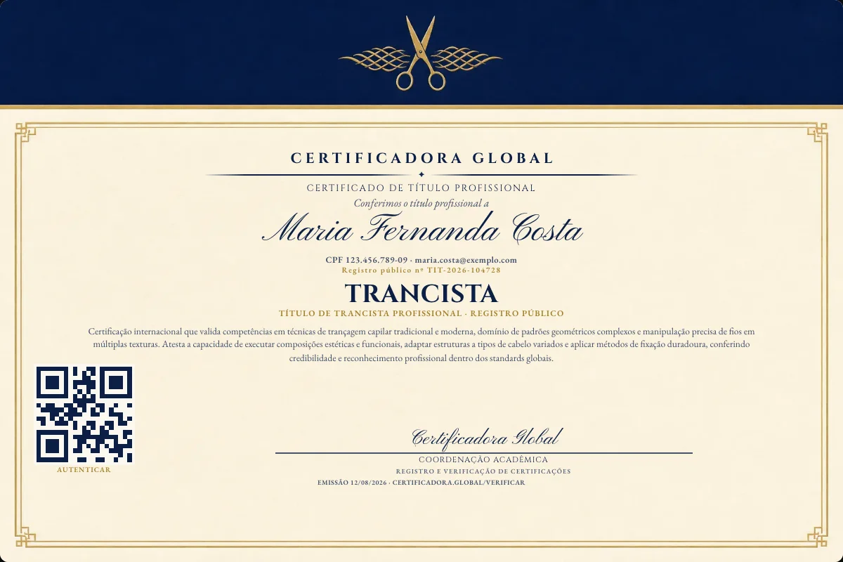 Certificado de Título profissional de Trancista — modelo real com registro público. Documento de exemplo.