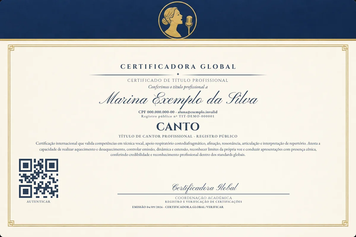 Certificado de Título profissional de Canto — modelo real com registro público. Documento de exemplo.