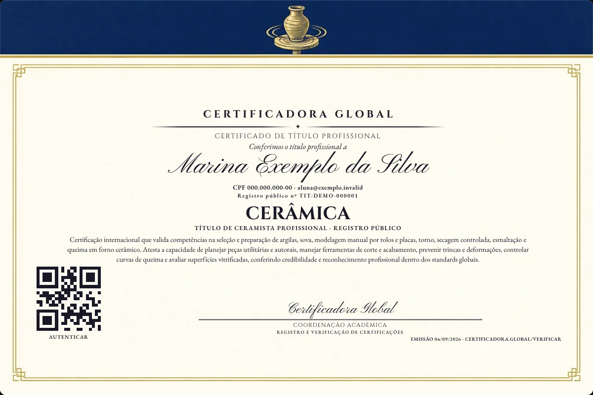 Certificado de Título profissional de Cerâmica — modelo real com registro público. Documento de exemplo.
