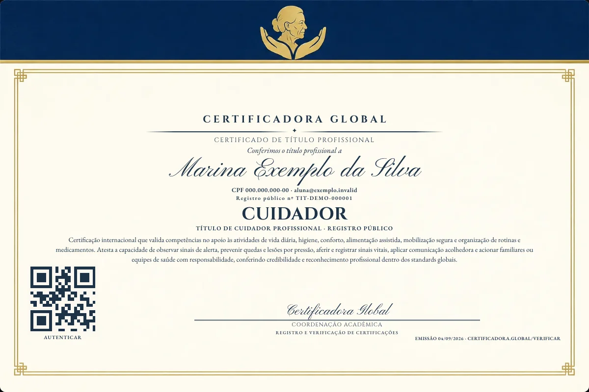 Certificado de Título profissional de Cuidador — modelo real com registro público. Documento de exemplo.