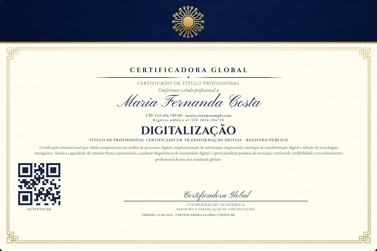 Certificado de Título profissional de Digitalização — modelo real com registro público. Documento de exemplo.