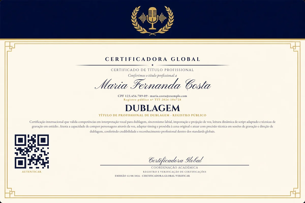 Certificado de Título profissional de Dublagem — modelo real com registro público. Documento de exemplo.