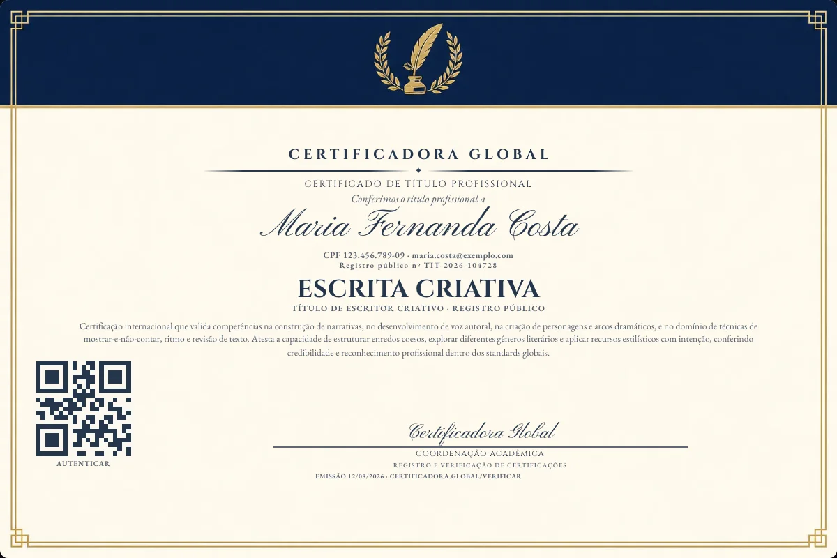 Certificado de Título profissional de Escrita Criativa — modelo real com registro público. Documento de exemplo.