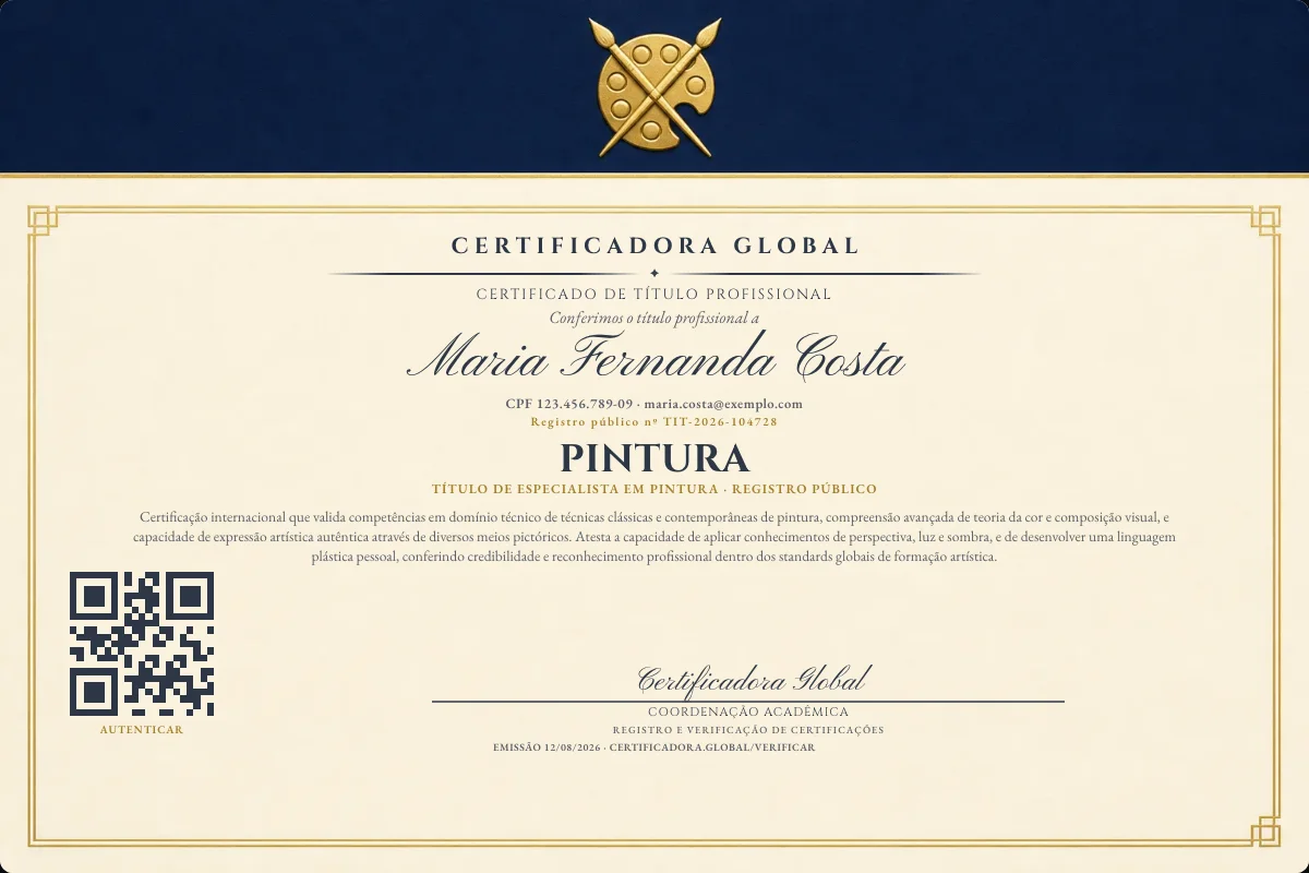 Certificado de Título profissional de Pintura — modelo real com registro público. Documento de exemplo.