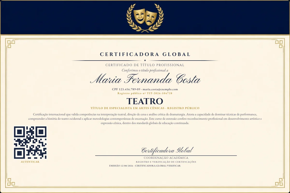 Certificado de Título profissional de Teatro — modelo real com registro público. Documento de exemplo.