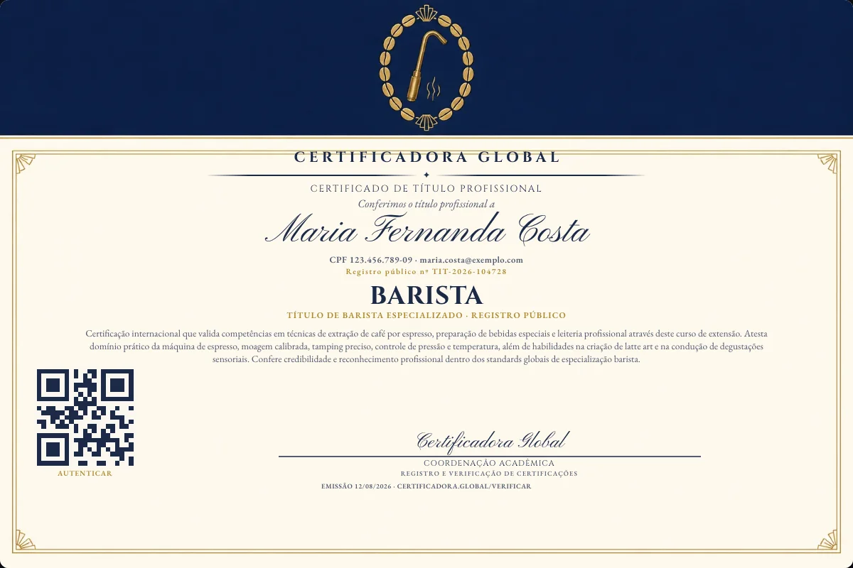 Certificado de Título profissional de Barista — modelo real com registro público. Documento de exemplo.
