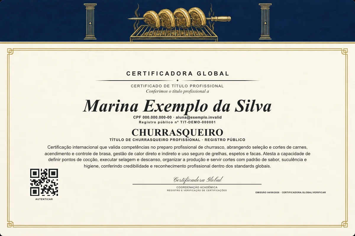 Certificado de Título profissional de Churrasqueiro — modelo real com registro público. Documento de exemplo.