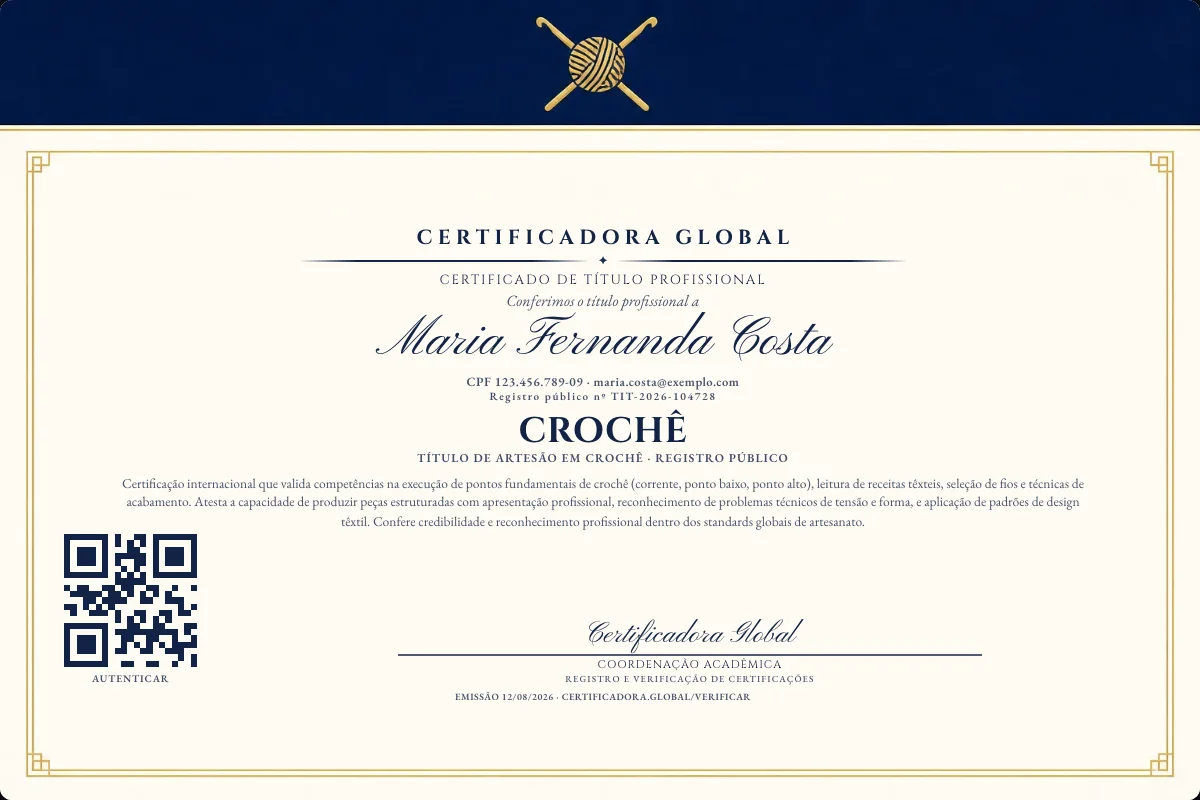 Certificado de Título profissional de Crochê — modelo real com registro público. Documento de exemplo.
