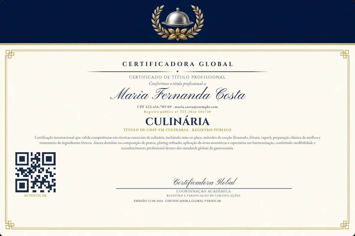 Certificado de Título profissional de Culinária — modelo real com registro público. Documento de exemplo.