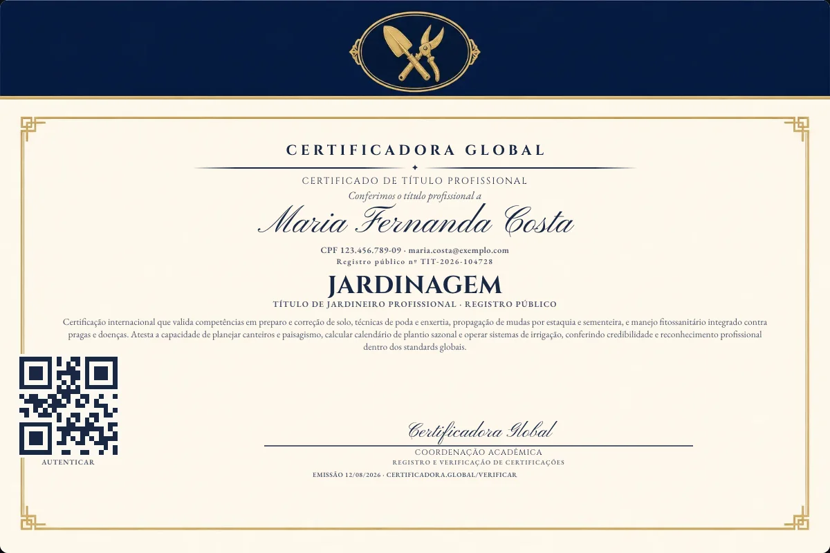 Certificado de Título profissional de Jardinagem — modelo real com registro público. Documento de exemplo.