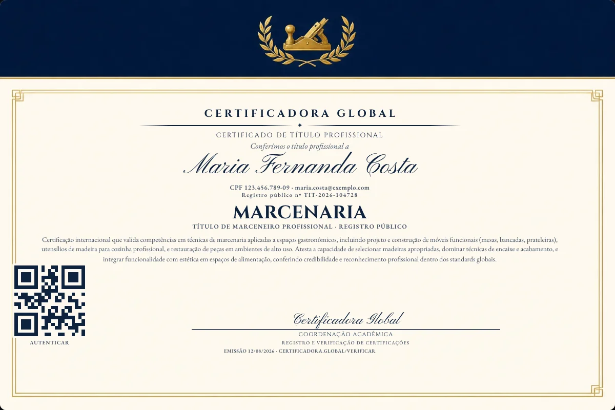 Certificado de Título profissional de Marcenaria — modelo real com registro público. Documento de exemplo.