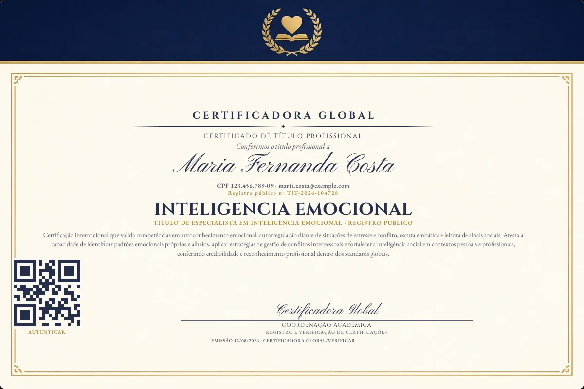 Certificado de Título profissional de Inteligencia Emocional — modelo real com registro público. Documento de exemplo.