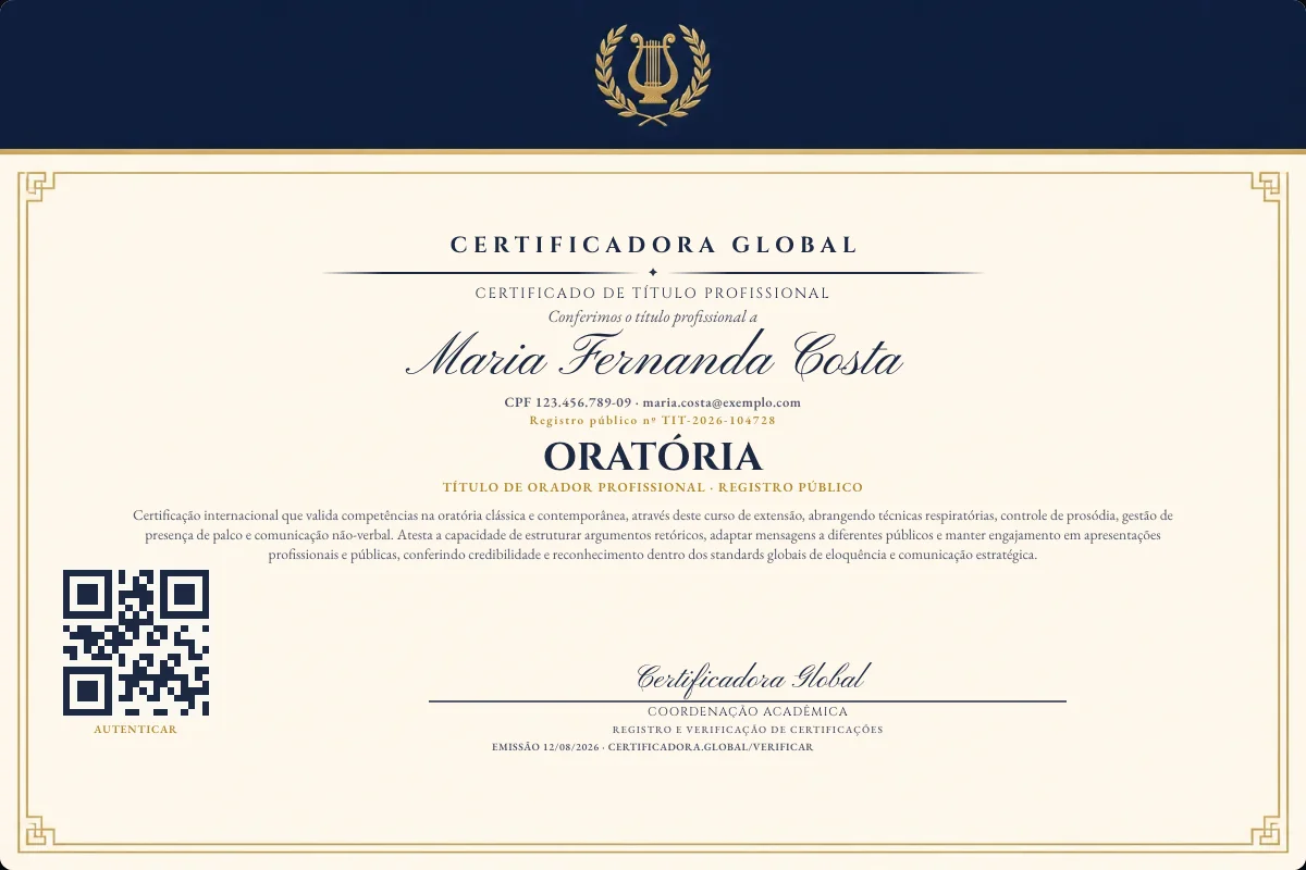 Certificado de Título profissional de Oratória — modelo real com registro público. Documento de exemplo.