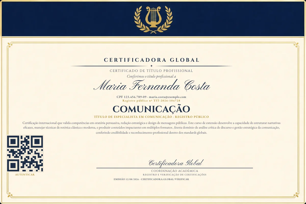 Certificado de Título profissional de Comunicação — modelo real com registro público. Documento de exemplo.