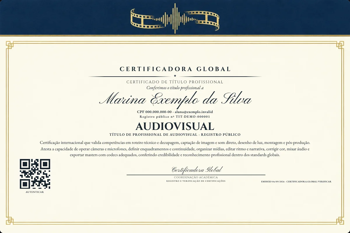 Certificado de Título profissional de Audiovisual — modelo real com registro público. Documento de exemplo.