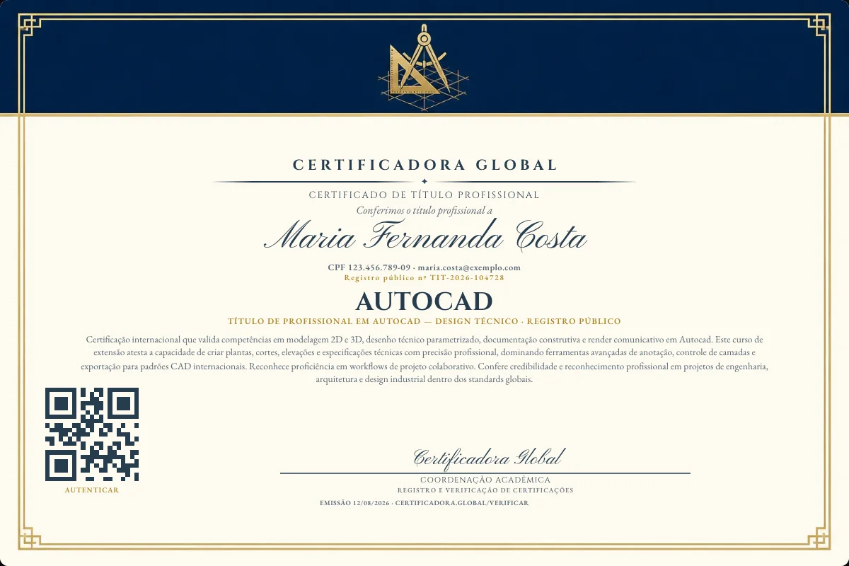 Certificado de Título profissional de Autocad — modelo real com registro público. Documento de exemplo.