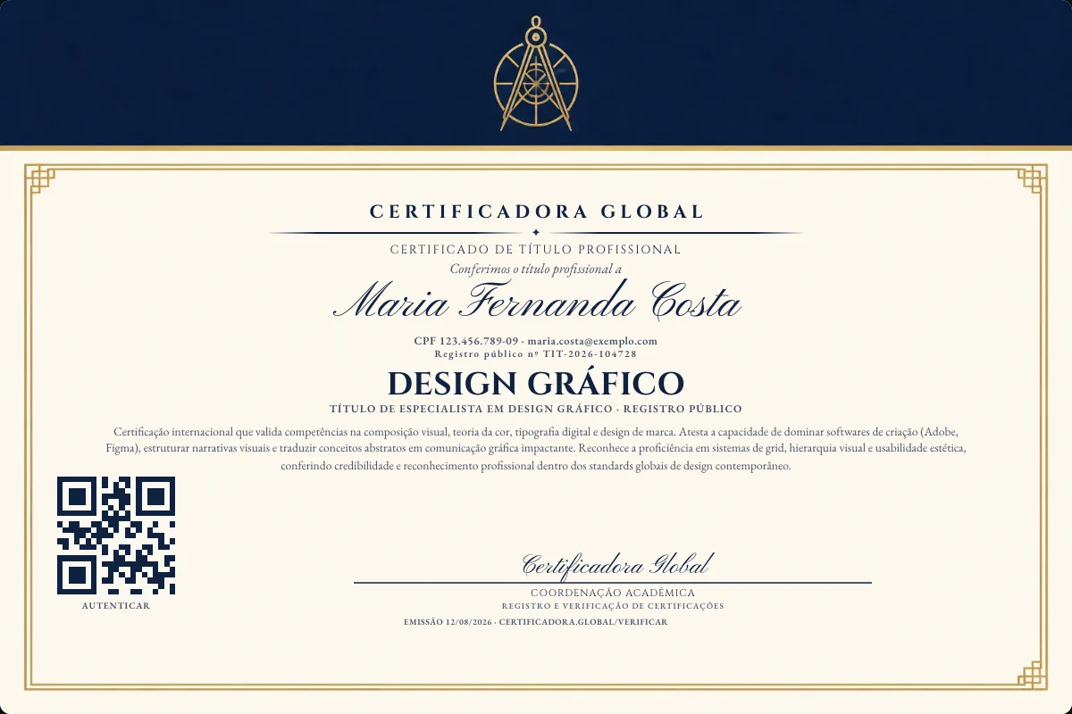 Certificado de Título profissional de Design Gráfico — modelo real com registro público. Documento de exemplo.