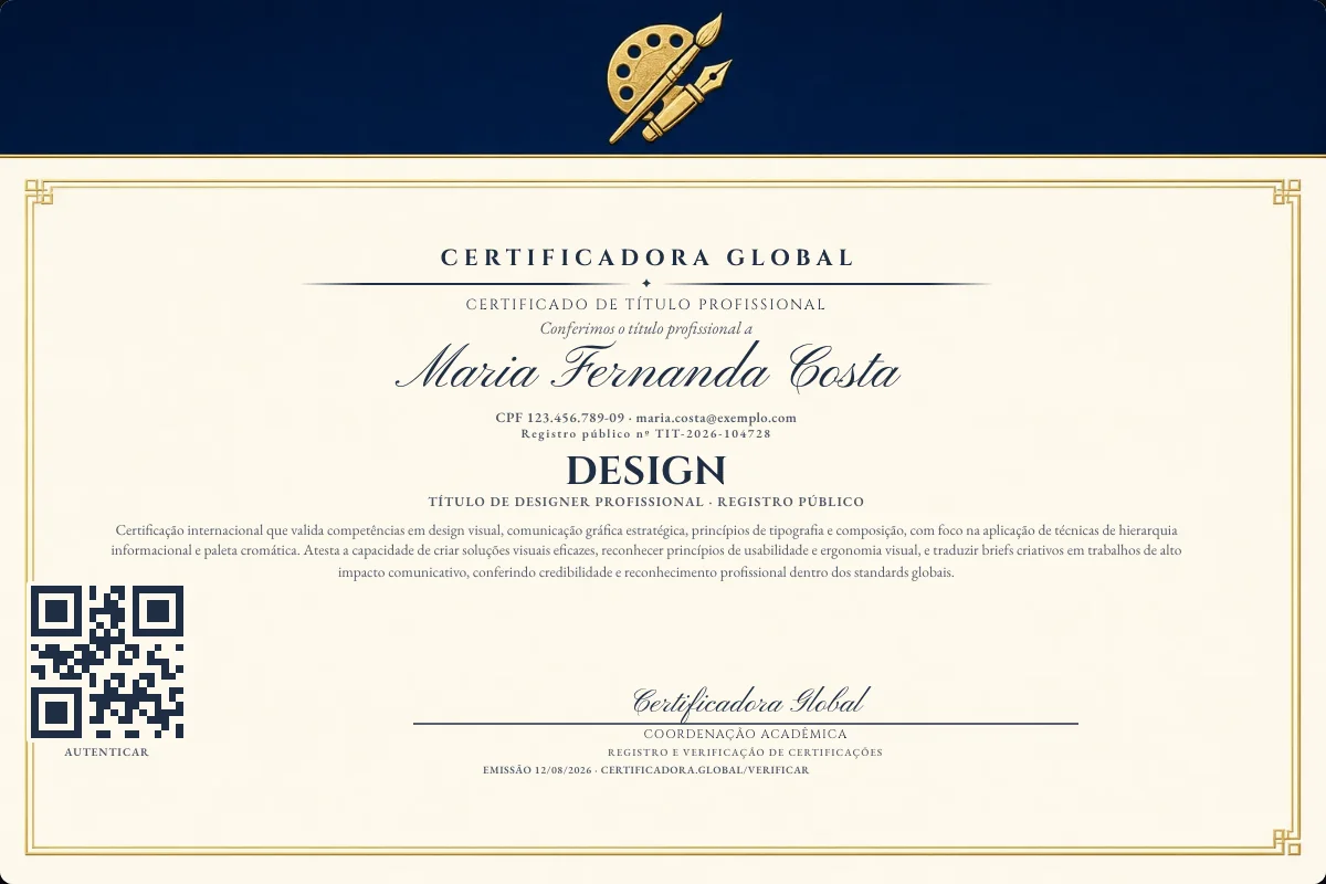 Certificado de Título profissional de Design — modelo real com registro público. Documento de exemplo.