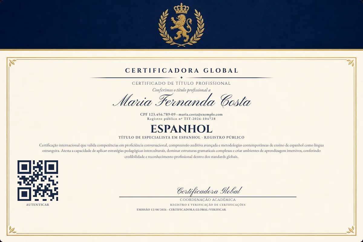Certificado de Título profissional de Espanhol — modelo real com registro público. Documento de exemplo.