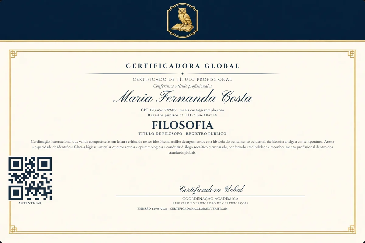 Certificado de Título profissional de Filosofia — modelo real com registro público. Documento de exemplo.