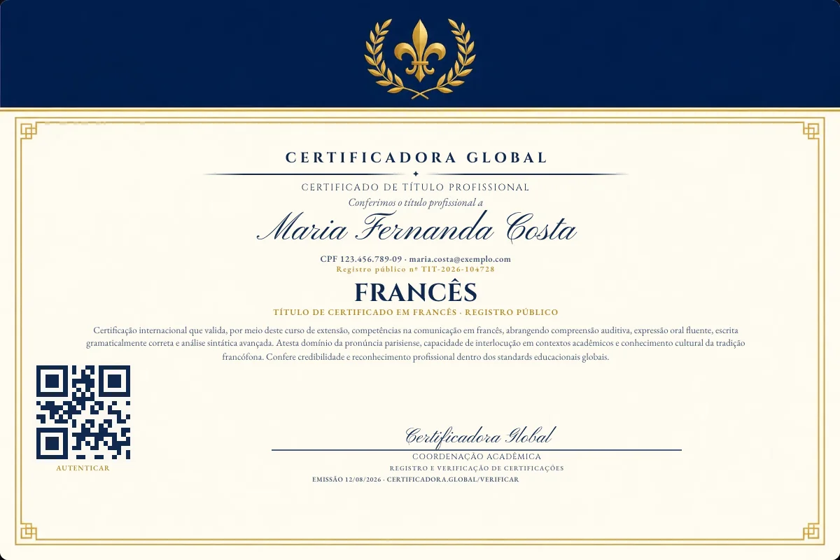 Certificado de Título profissional de Francês — modelo real com registro público. Documento de exemplo.