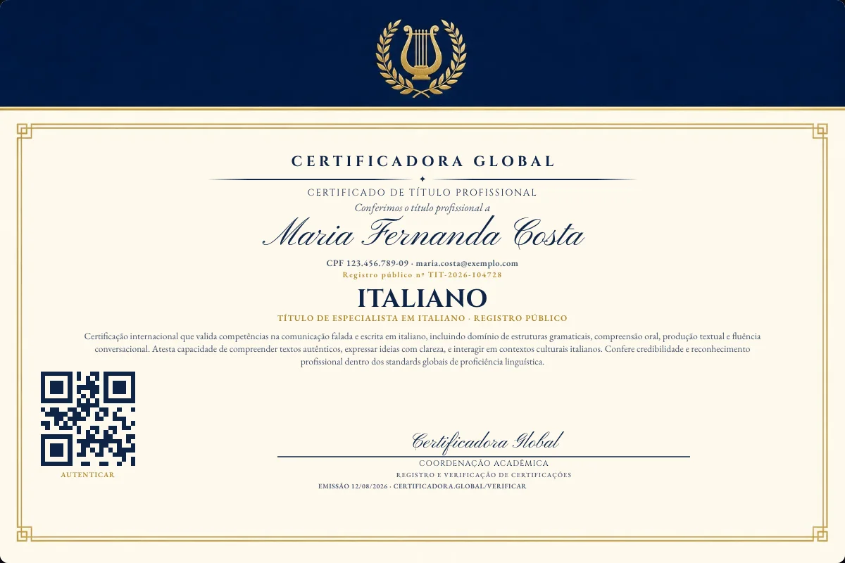 Certificado de Título profissional de Italiano — modelo real com registro público. Documento de exemplo.
