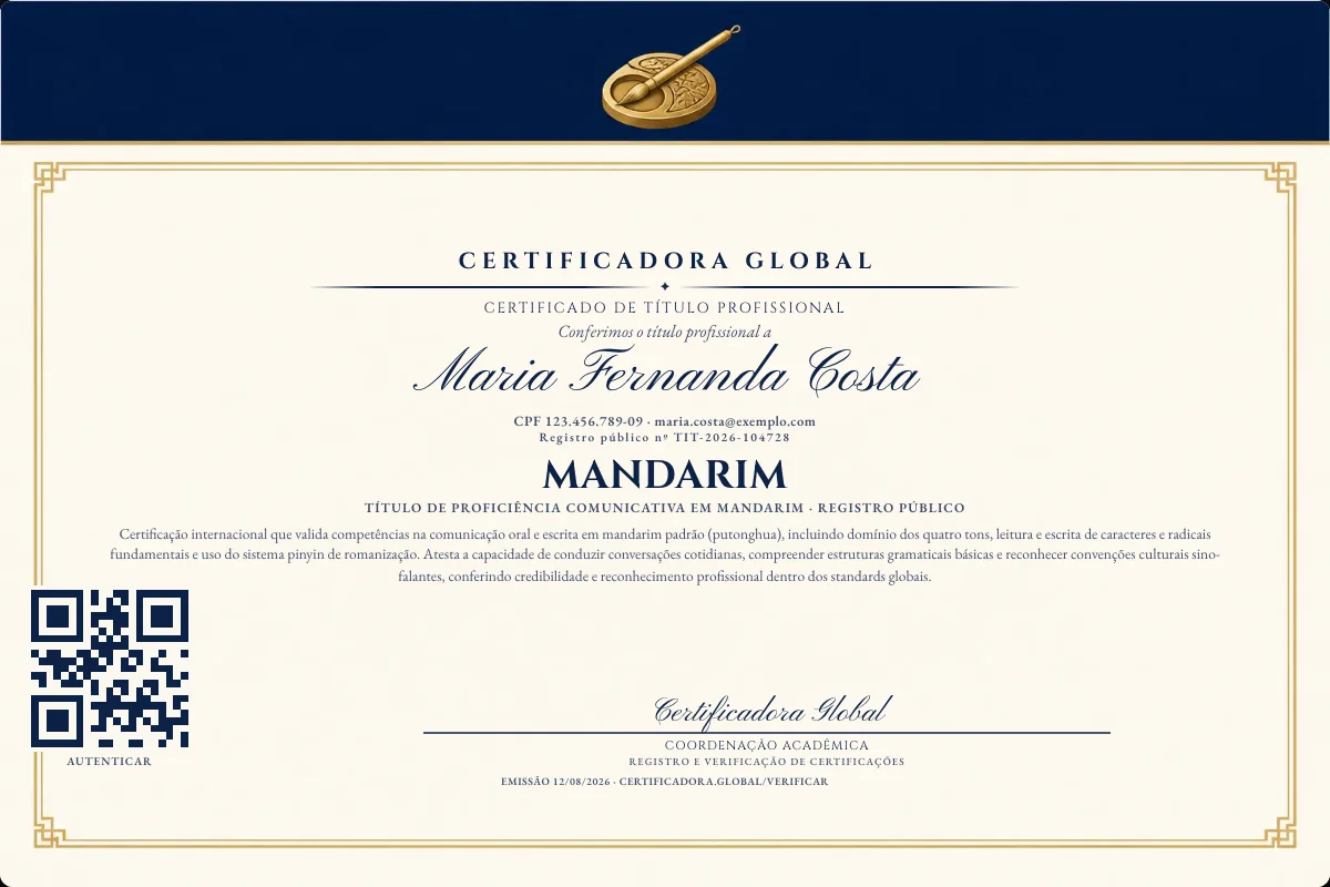 Certificado de Título profissional de Mandarim — modelo real com registro público. Documento de exemplo.