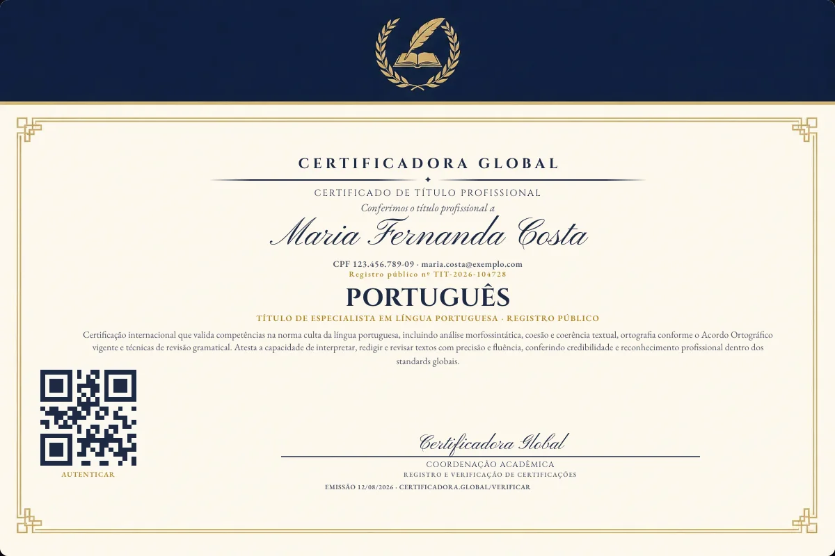 Certificado de Título profissional de Português — modelo real com registro público. Documento de exemplo.