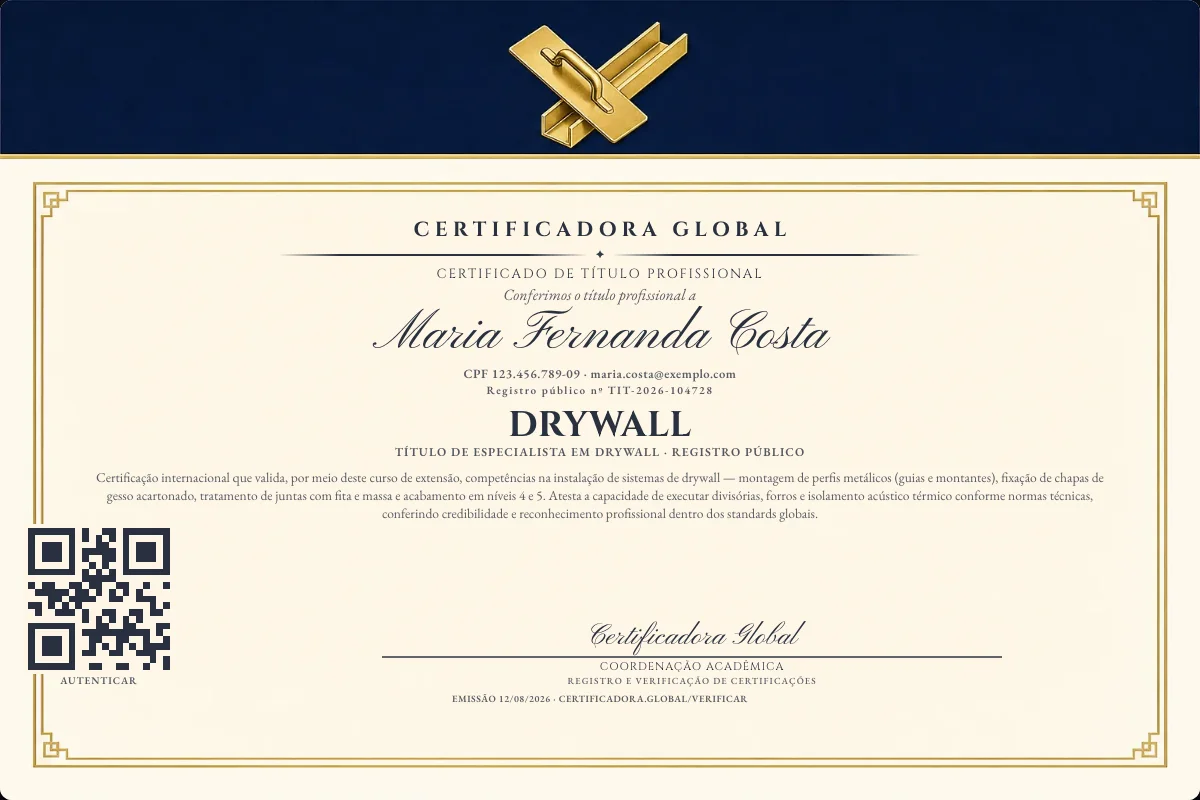 Certificado de Título profissional de Drywall — modelo real com registro público. Documento de exemplo.