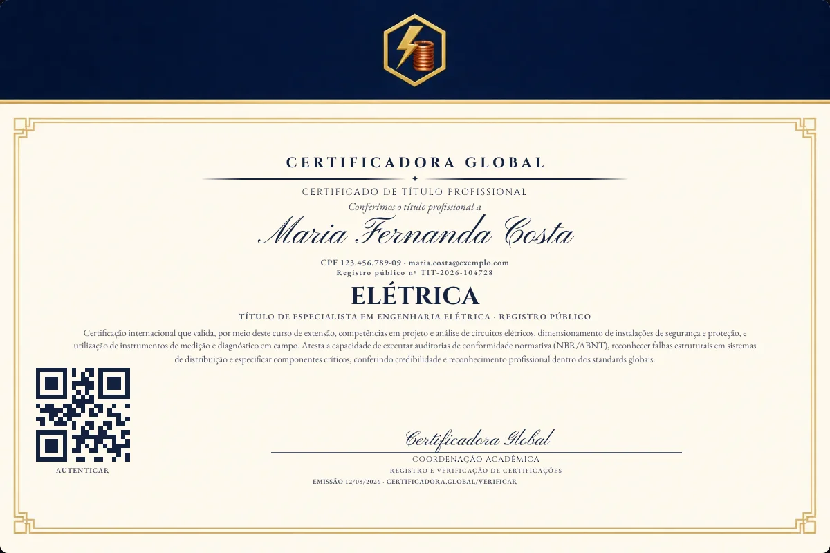 Certificado de Título profissional de Elétrica — modelo real com registro público. Documento de exemplo.