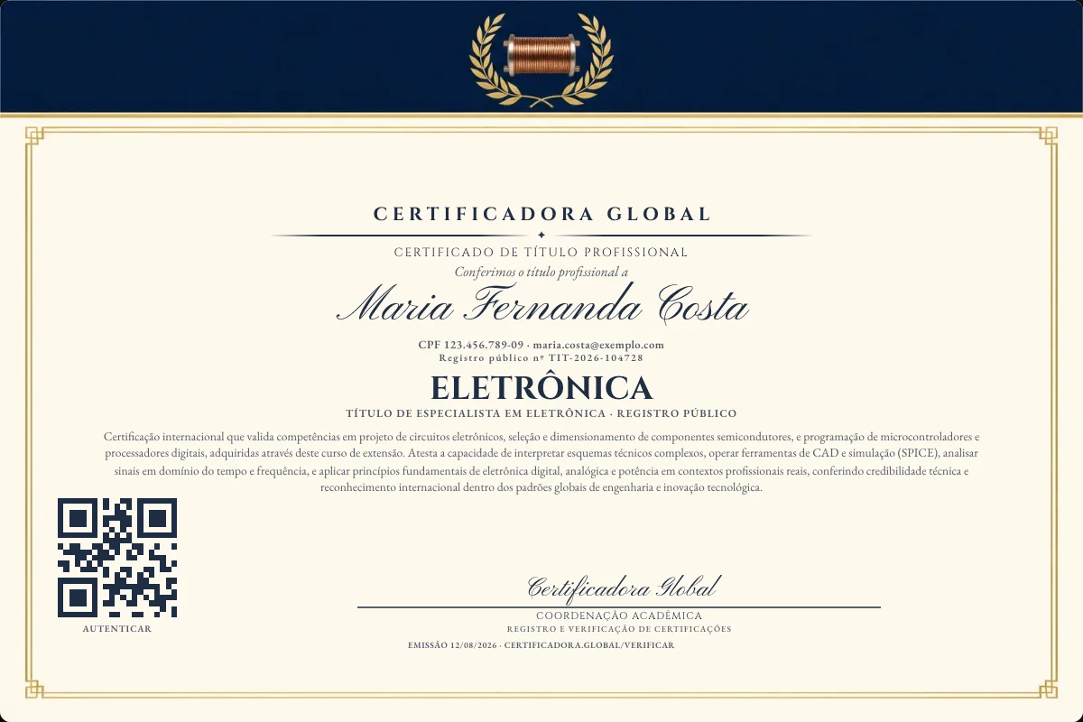 Certificado de Título profissional de Eletrônica — modelo real com registro público. Documento de exemplo.