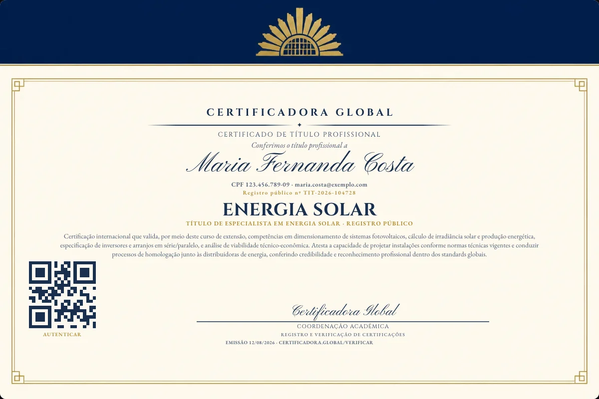 Certificado de Título profissional de Energia Solar — modelo real com registro público. Documento de exemplo.