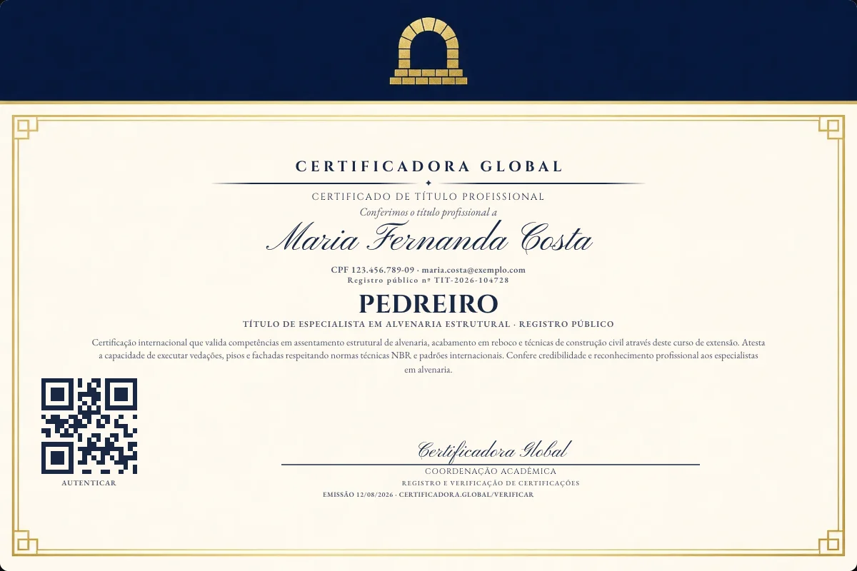 Certificado de Título profissional de Pedreiro — modelo real com registro público. Documento de exemplo.
