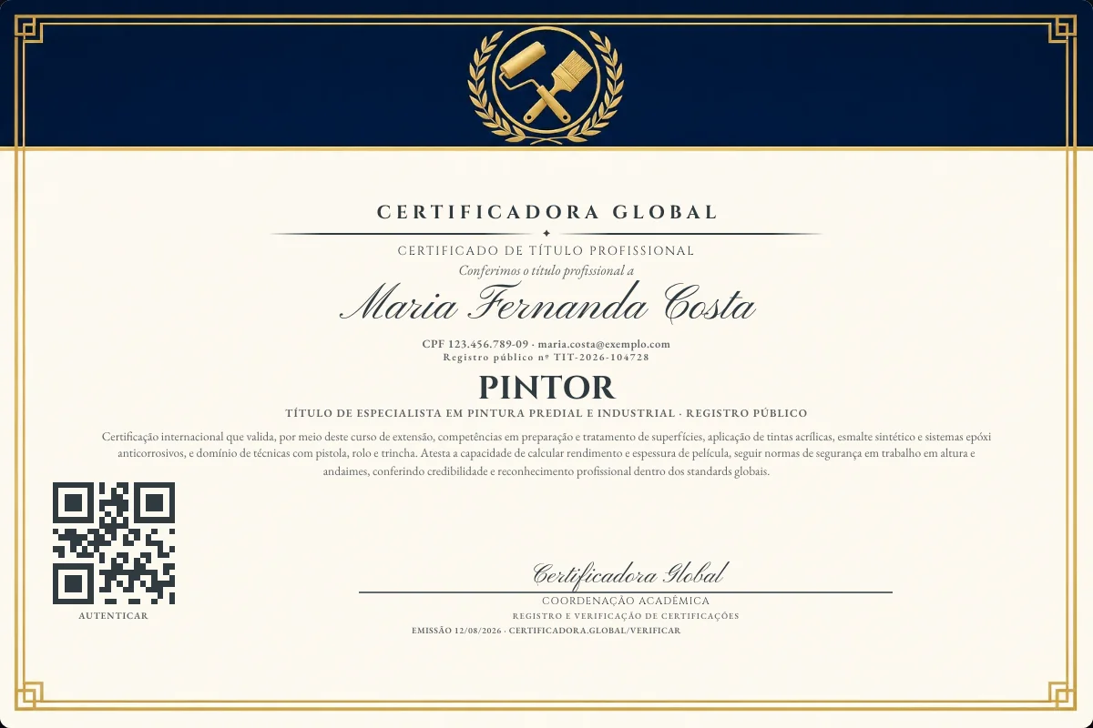 Certificado de Título profissional de Pintor — modelo real com registro público. Documento de exemplo.