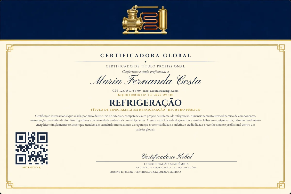 Certificado de Título profissional de Refrigeração — modelo real com registro público. Documento de exemplo.