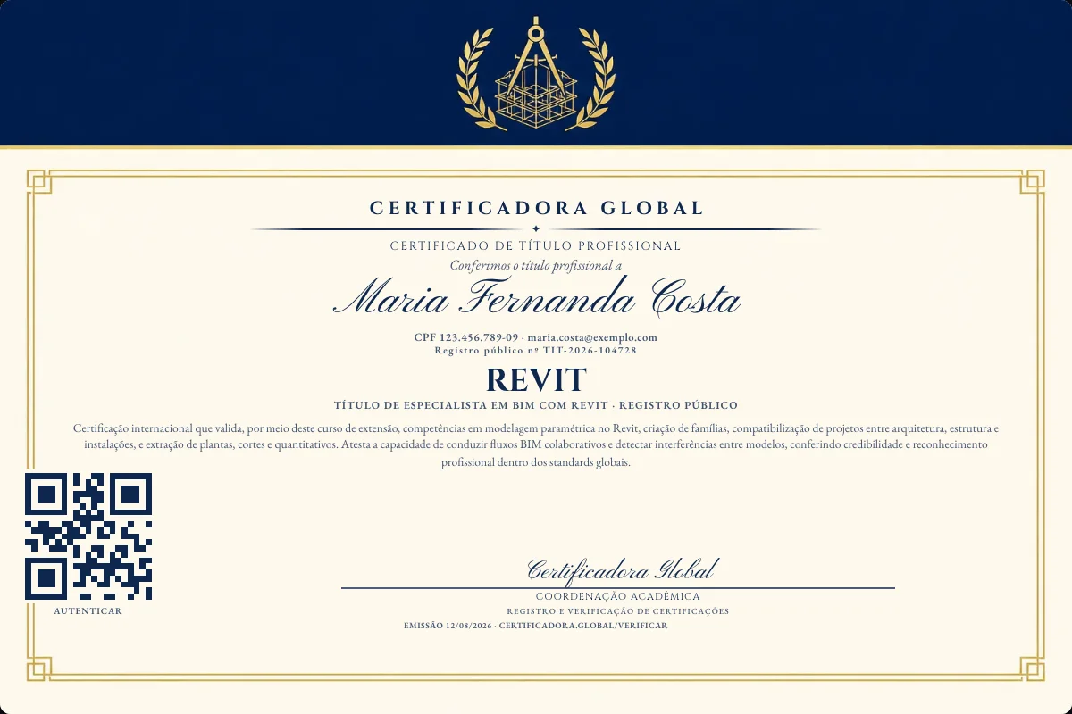Certificado de Título profissional de Revit — modelo real com registro público. Documento de exemplo.