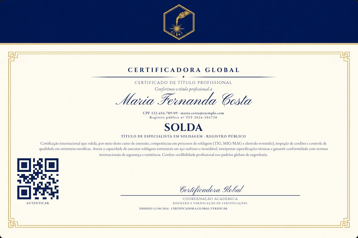 Certificado de Título profissional de Solda — modelo real com registro público. Documento de exemplo.
