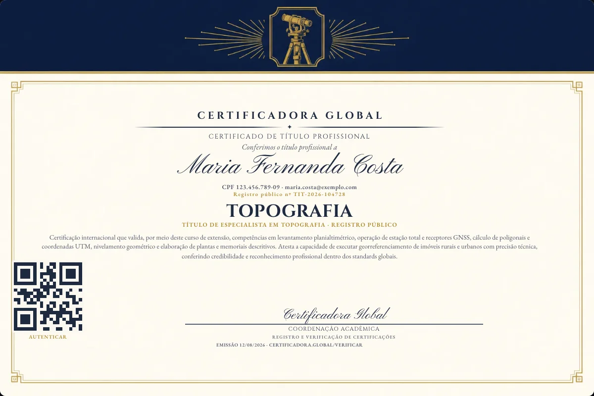 Certificado de Título profissional de Topografia — modelo real com registro público. Documento de exemplo.