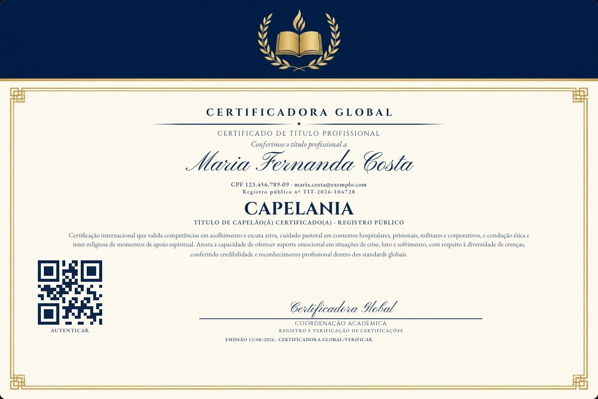 Certificado de Título profissional de Capelania — modelo real com registro público. Documento de exemplo.