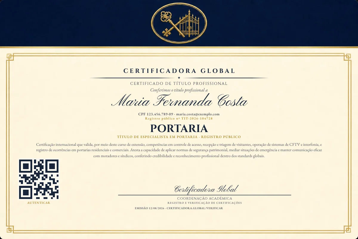 Certificado de Título profissional de Portaria — modelo real com registro público. Documento de exemplo.