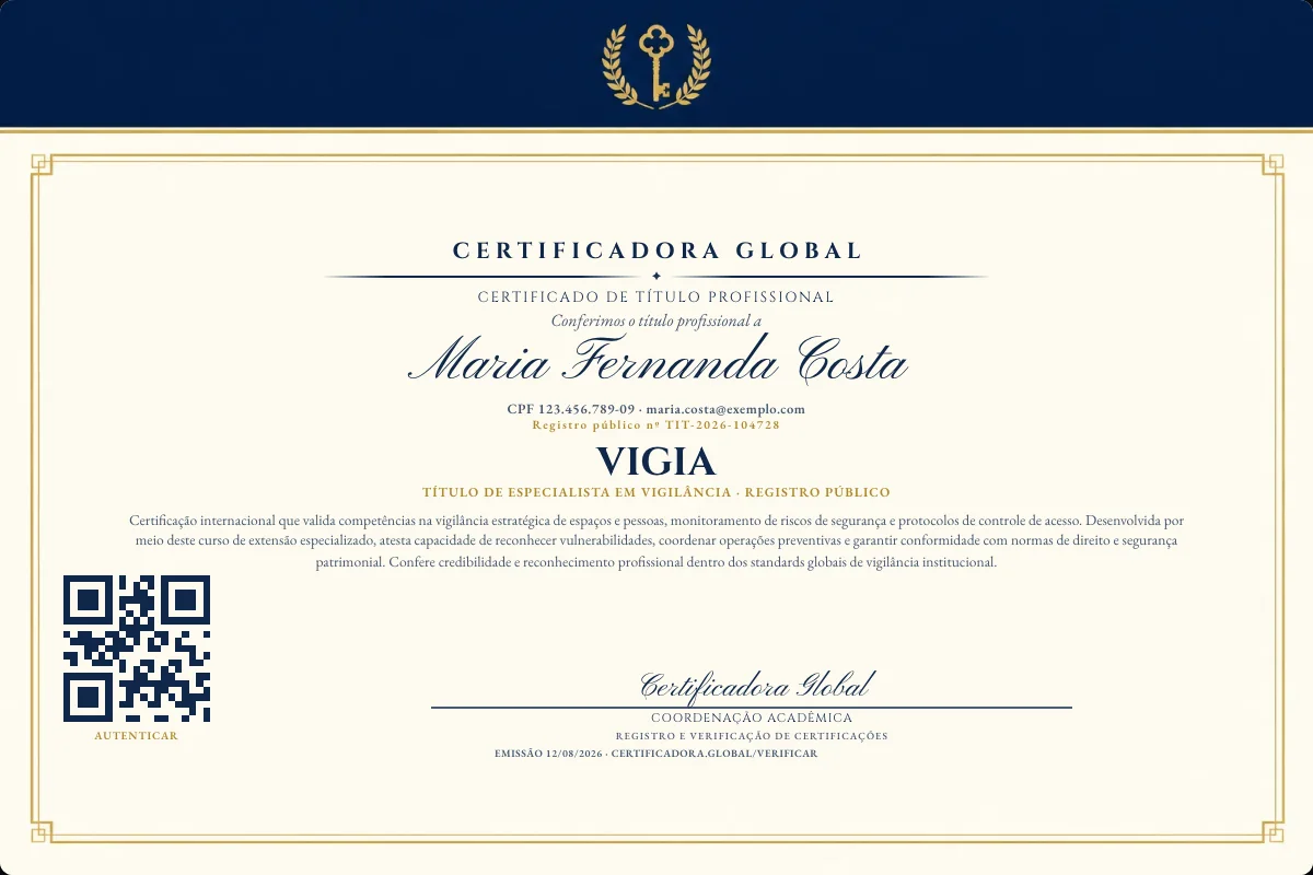 Certificado de Título profissional de Vigia — modelo real com registro público. Documento de exemplo.