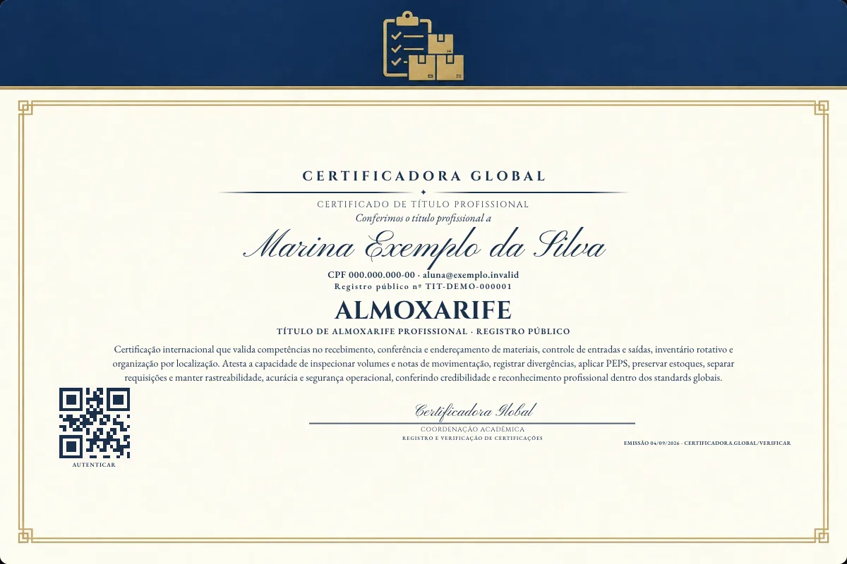 Certificado de Título profissional de Almoxarife — modelo real com registro público. Documento de exemplo.